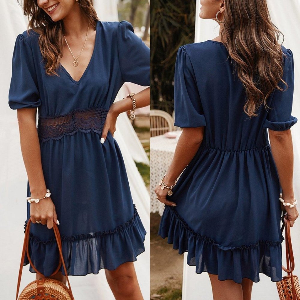 Navy V-Neck Lace-Accent A-Line Dress
